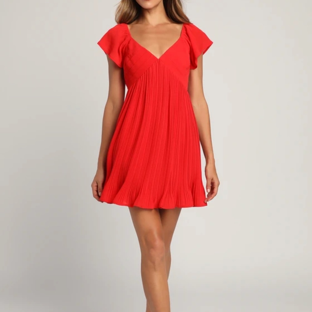 Amalfi Coast Red Pleated Flutter Sleeve Mini Dress